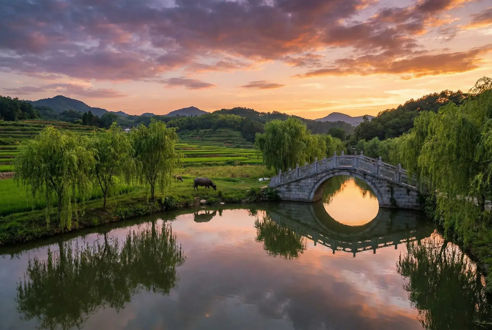 夕阳下的石拱桥与垂柳，水牛在河边吃草 - 比比在线 乡村美景